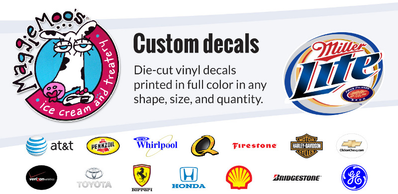 Vinyl decals and printed company logos for walls, windows, and vehicle graphics